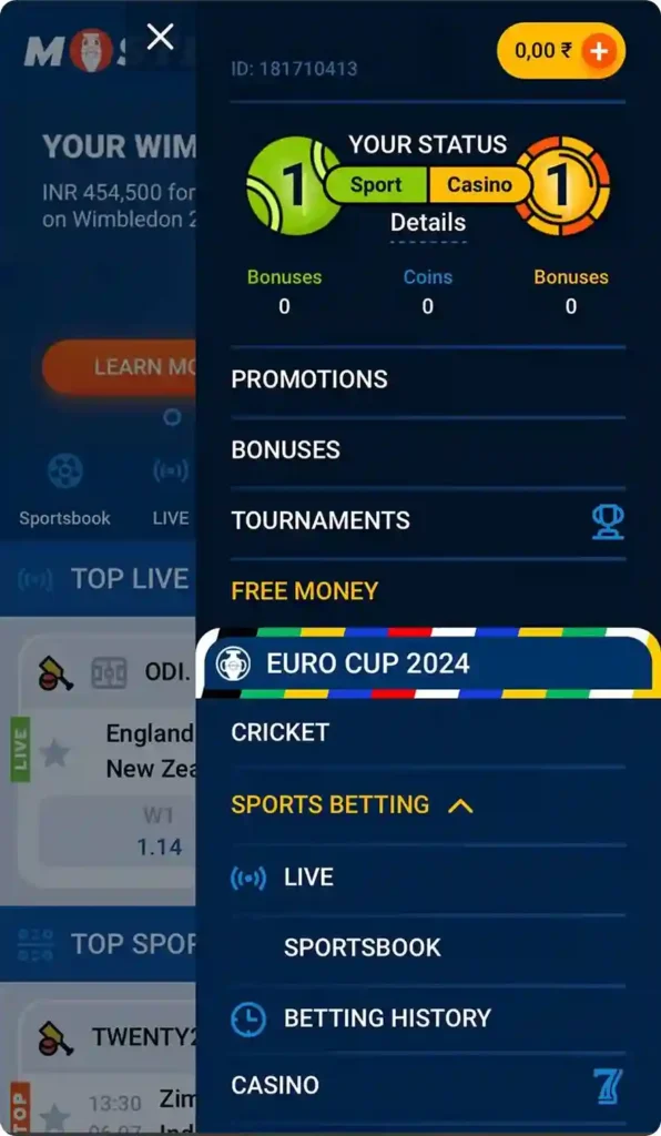 mostbet casino menu